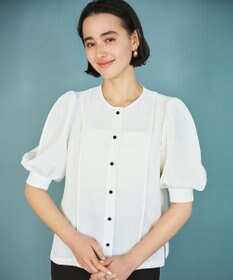 #Newans 【洗濯機可能/シワになりにくい】〈肩幅・二の腕が華奢見えする〉パフスリーブバイカラーブラウス