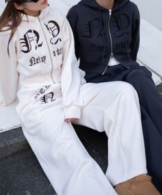 WEGO 【ウエストゴム】グラフィック刺繍裏起毛ワイドSWTパンツ