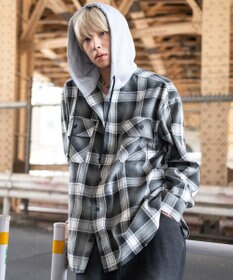 WEGO 【25年秋冬新作/ユニセックス着用ITEM/MLサイズ展開】オンブレチェックフードネルシャツ（LS）