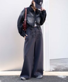 WEGO 【ウエストゴム】グラフィック刺繍裏起毛ワイドSWTパンツ