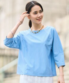 自由区 ストライプコットンタイプライター サックス×オフ