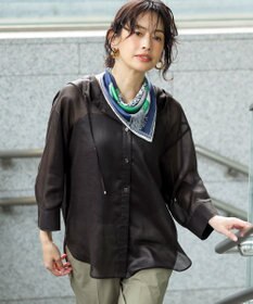 23区 ソフトシアーフィルム ドロストフード シャツ ダークブラウン系