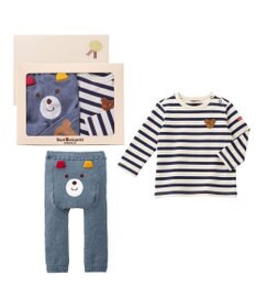 MIKI HOUSE HOT BISCUITS ボーダー柄長袖Tシャツ＆ベビースパッツギフトセット【BOX付き】