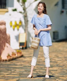 Tiaclasse 【洗える】ストライプフレアスリーブチュニックブラウス