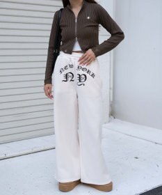 WEGO 【ウエストゴム】グラフィック刺繍裏起毛ワイドSWTパンツ