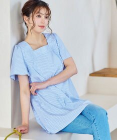 Tiaclasse 【洗える】ストライプフレアスリーブチュニックブラウス