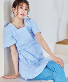 Tiaclasse 【洗える】ストライプフレアスリーブチュニックブラウス