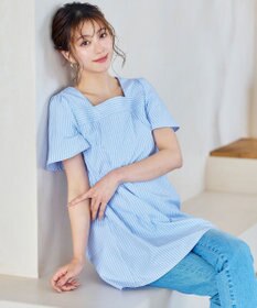 Tiaclasse L 【洗える】ストライプフレアスリーブチュニックブラウス