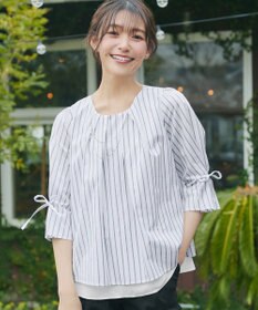 Tiaclasse L ストライプリボンレイヤードブラウス