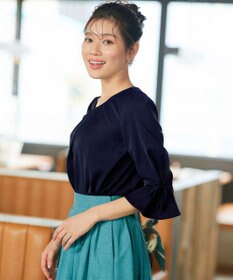 Tiaclasse 【洗える】リボン付きタックフレア袖ブラウス