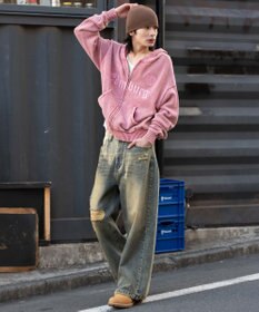 WEGO 【ユニセックス着用ITEM】ブリーチニットグラフィックZIPパーカー