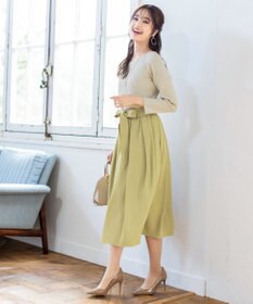 Tiaclasse L 【洗える】異素材を組み合わせたミモレ丈リブコンビワンピース