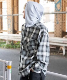WEGO 【25年秋冬新作/ユニセックス着用ITEM/MLサイズ展開】オンブレチェックフードネルシャツ（LS）