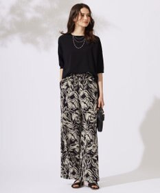 自由区 L 【カタログ掲載・ウエストゴム・洗える】モノトーンフラワープリントワイド パンツ