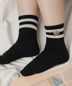 WEGO ラインモコイヌ刺繍クルーソックス