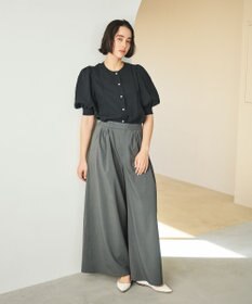 #Newans 【洗濯機可能/シワになりにくい】〈肩幅・二の腕が華奢見えする〉パフスリーブバイカラーブラウス