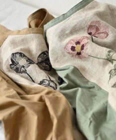 muuc 〈遠州織物〉ウエスト紐付き フレンチスリーブ ポピーの花刺繍 ワンピース