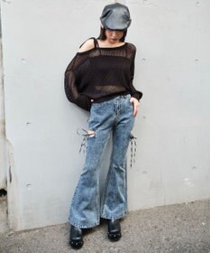 WEGO カットアウトリボンストレッチデニムフレアパンツ