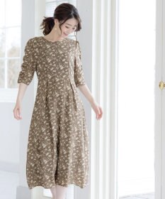 Tiaclasse L 【洗える】ギャザースリーブ花柄ワンピース