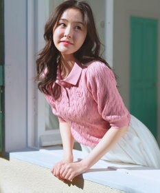 Feroux 胸元刺繍ケーブルポロ ニット