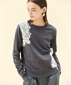 BEIGE， 【ご好評により新色追加！洗える】WILLOW / アシンメトリーレースクルーネックニット Warm Gray ×Off White