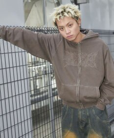 WEGO 【ユニセックス着用ITEM】ピグメントダメージアップリケZIPパーカー