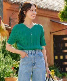 Tiaclasse 【洗える】プリーツ編みVネックニットトップス