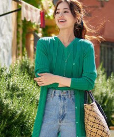 Tiaclasse 【洗える】プリーツ編みVネックニットトップス