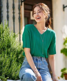 Tiaclasse 【洗える】プリーツ編みVネックニットトップス