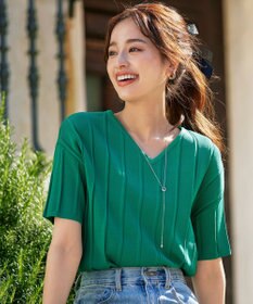 Tiaclasse 【洗える】プリーツ編みVネックニットトップス