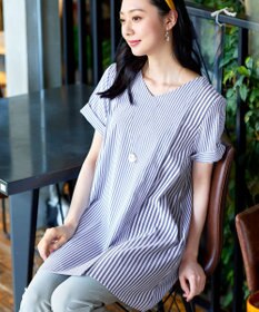 Tiaclasse 【洗える】体型カバーも叶うアシンメトリーストライプチュニックブラウス