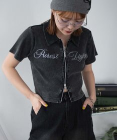 WEGO ラインストーンロゴWZIPトップス