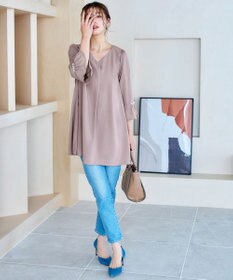 Tiaclasse 【洗える】タックフレアパール付き袖チュニックブラウス