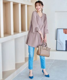 Tiaclasse 【洗える】タックフレアパール付き袖チュニックブラウス