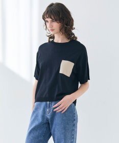 BEIGE， 【洗える】NADIA / レザーポケット付き半袖ニットTシャツ Navy