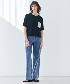 BEIGE， 【洗える】NADIA / レザーポケット付き半袖ニットTシャツ