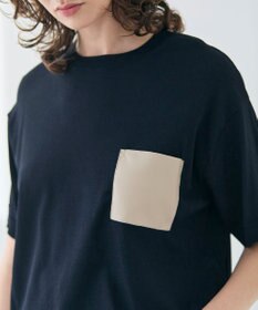 BEIGE， 【洗える】NADIA / レザーポケット付き半袖ニットTシャツ