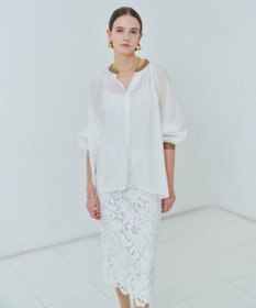 BEIGE， PAULINE / リネンヴィスコースフェイクレザー配色ブラウス