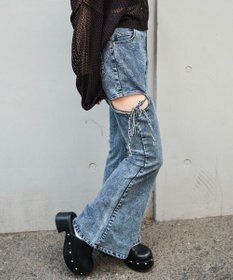 WEGO カットアウトリボンストレッチデニムフレアパンツ