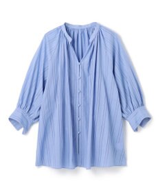 UNFILO ストライプレース ギャザーブラウス
