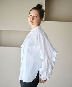 #Newans 【シワになりにくい/洗濯機可能】ラウンドフリルバンドカラーシャツ