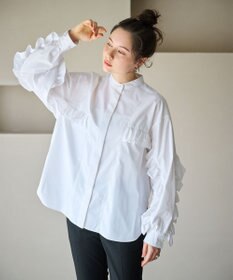 #Newans 【シワになりにくい/洗濯機可能】ラウンドフリルバンドカラーシャツ