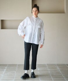 #Newans 【シワになりにくい/洗濯機可能】ラウンドフリルバンドカラーシャツ