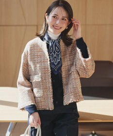 23区 GIOLICAツイード ノーカラー ジャケット テラコッタミックス