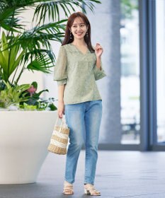 Tiaclasse L 【洗える】花柄Vネックブラウス