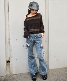 WEGO カットアウトリボンストレッチデニムフレアパンツ