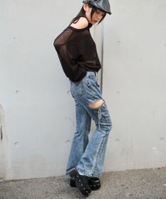 WEGO カットアウトリボンストレッチデニムフレアパンツ