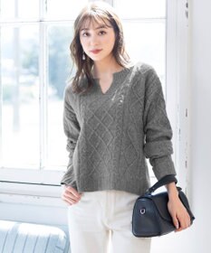 Tiaclasse L 【洗える】アラン柄キーネックニットトップス