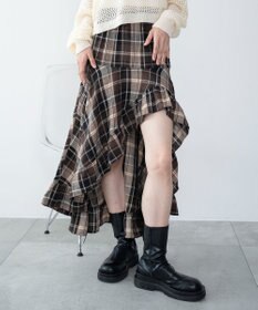 WEGO チェックアシンメトリーフリルロングスカート