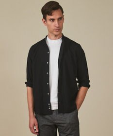 GOTAIRIKU 【シワになりにくい/洗える】ＴＣブロード シャツ_バンドカラー ブラック系